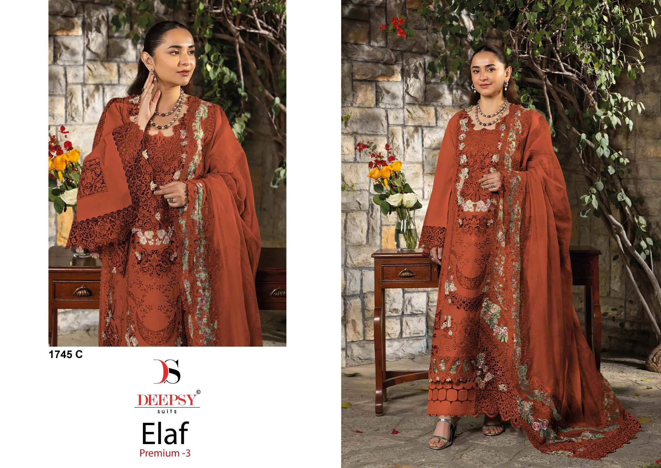  ELAF  Premium-3 Luxury Lawn by DEEPSY SUITS 1745 Series Pakistani Stylish Beautiful Colourful Printed & Embroidered Party Wear & Occasional Wear Pure cotton Dresses At Wholesale Price